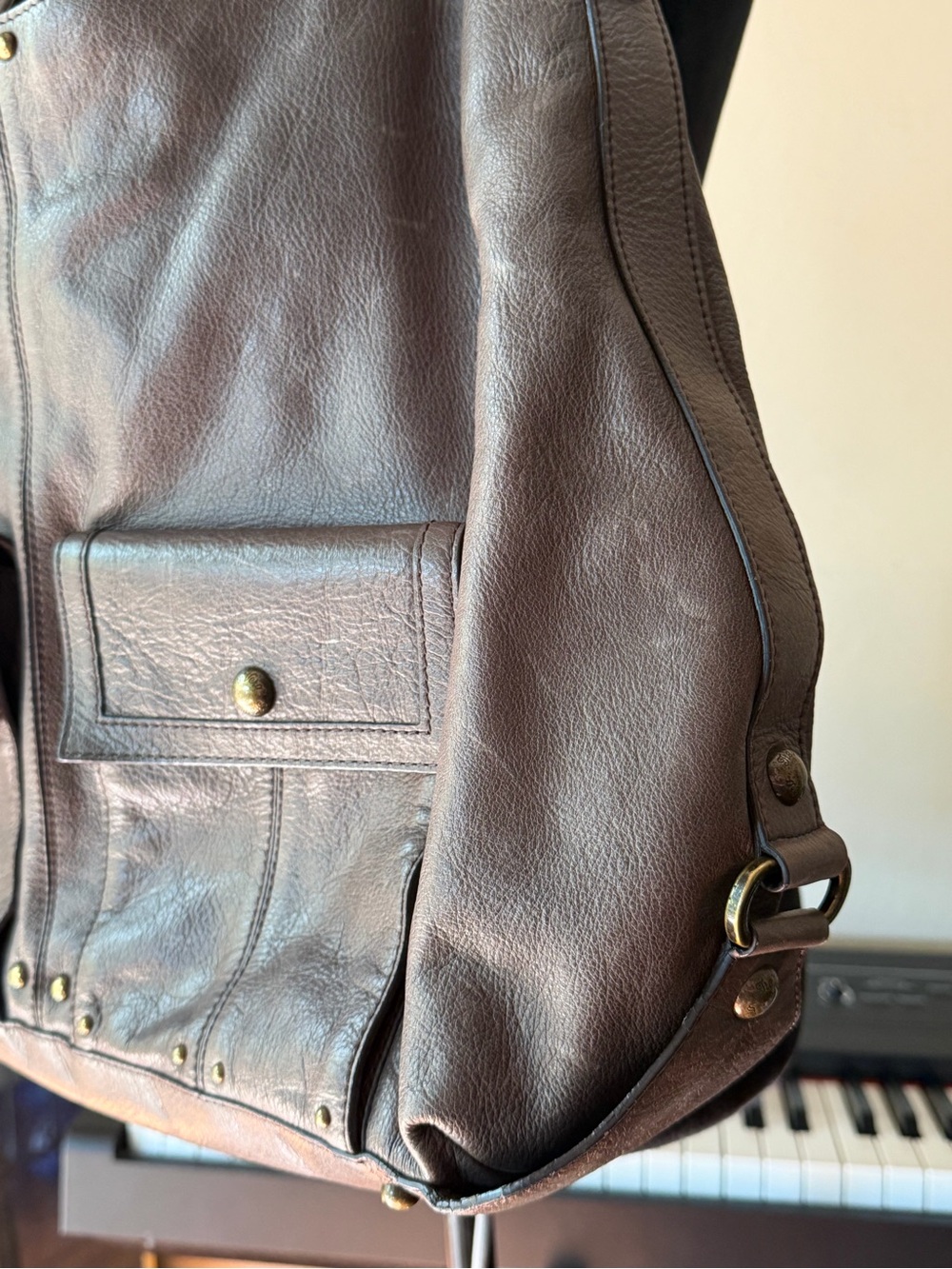Slouch hobo Multi pocket oversized shoulder bag purple polka dot lining leather - Picture 2 of 9